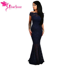 Lace Off Shoulder Navy Fishtail Maxi Dress