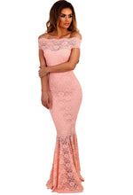 Lace Off Shoulder Navy Fishtail Maxi Dress
