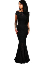Lace Off Shoulder Navy Fishtail Maxi Dress