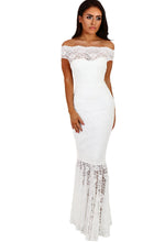 Lace Off Shoulder Navy Fishtail Maxi Dress
