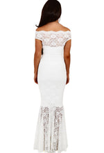 Lace Off Shoulder Navy Fishtail Maxi Dress
