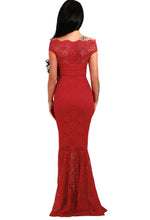 Lace Off Shoulder Navy Fishtail Maxi Dress