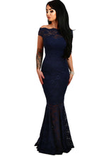 Lace Off Shoulder Navy Fishtail Maxi Dress