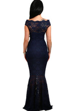 Lace Off Shoulder Navy Fishtail Maxi Dress