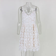 Summer Work Casual Party Dresses White Red Hollow Out Printed Splice High Waist Deep V Neck Dress