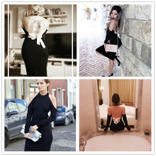 Bodycon Pencil Dressl Black Open Shoulder Long Sleeve Bow Halter Dress