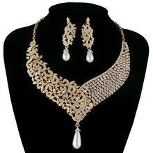 Necklace earrings sets Bridal wedding Party Necklace Water Drop Type Golden Plated Crystal Jewelry Sets