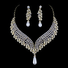 Necklace earrings sets Bridal wedding Party Necklace Water Drop Type Golden Plated Crystal Jewelry Sets