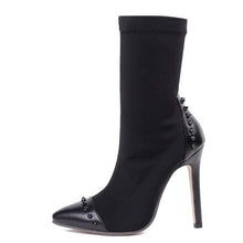 Ankle Boots Stretch Fabric Pointed Toe High Heels Sexy Rivets Stiletto