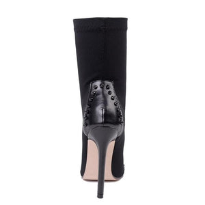 Ankle Boots Stretch Fabric Pointed Toe High Heels Sexy Rivets Stiletto