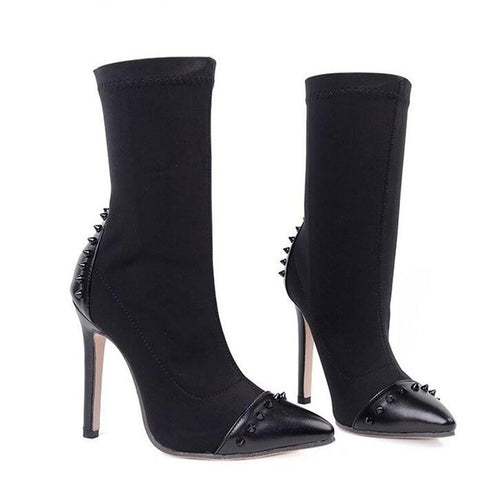 Ankle Boots Stretch Fabric Pointed Toe High Heels Sexy Rivets Stiletto