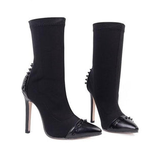Ankle Boots Stretch Fabric Pointed Toe High Heels Sexy Rivets Stiletto