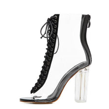 SexyPVC Transparent Gladiator Sandals Cross Strappy Peep Toe Shoes Clear Chunky Heels Women Ankle Boots