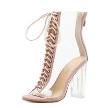 SexyPVC Transparent Gladiator Sandals Cross Strappy Peep Toe Shoes Clear Chunky Heels Women Ankle Boots