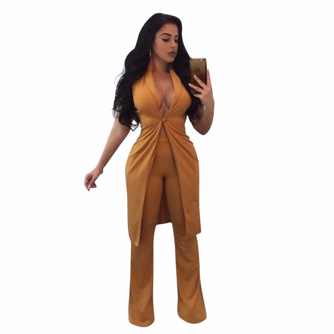 Elegant Office Jumpsuit Two Piece Set Sleeveless Deep V