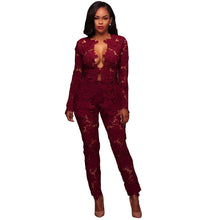 Two Piece Floral Lace Elegant Jumpsuit Two Piece Long Sleeve V Neck Hollow Out Bodycon Rompers Womens Jumpsuit Party Overalls