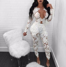 Two Piece Floral Lace Elegant Jumpsuit Two Piece Long Sleeve V Neck Hollow Out Bodycon Rompers Womens Jumpsuit Party Overalls