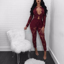 Two Piece Floral Lace Elegant Jumpsuit Two Piece Long Sleeve V Neck Hollow Out Bodycon Rompers Womens Jumpsuit Party Overalls